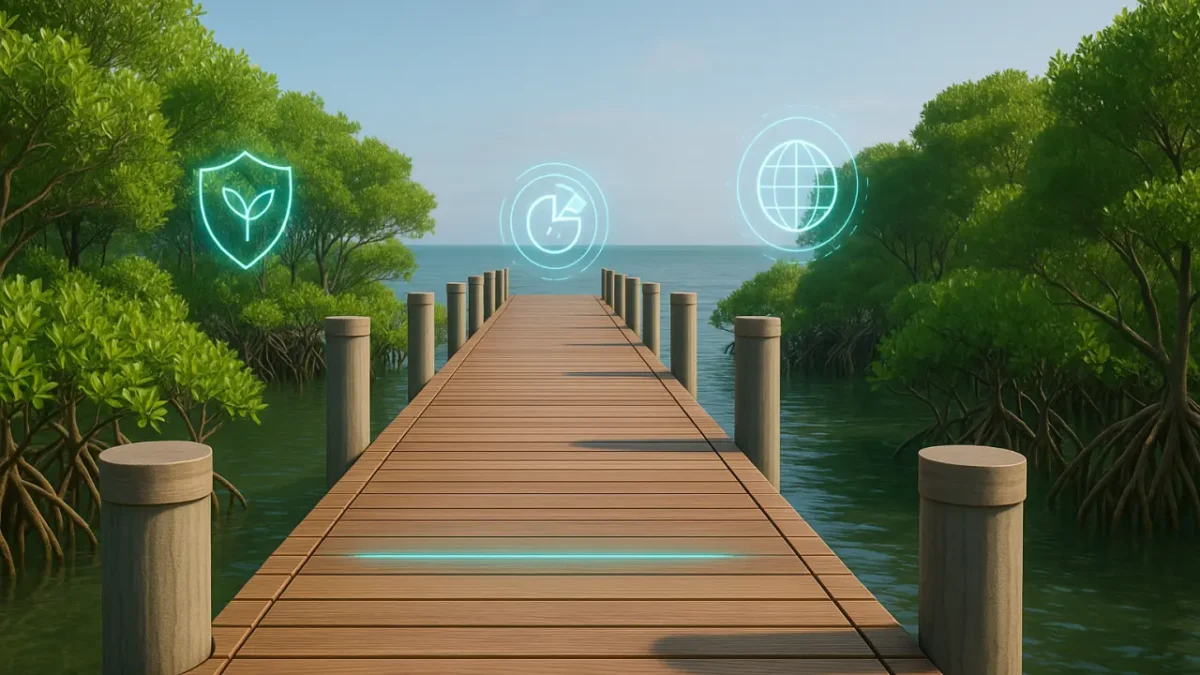 Dermaga Kayu Ramah Lingkungan: Tiang Komposit, Pelindung Mangrove, dan Monitoring Web