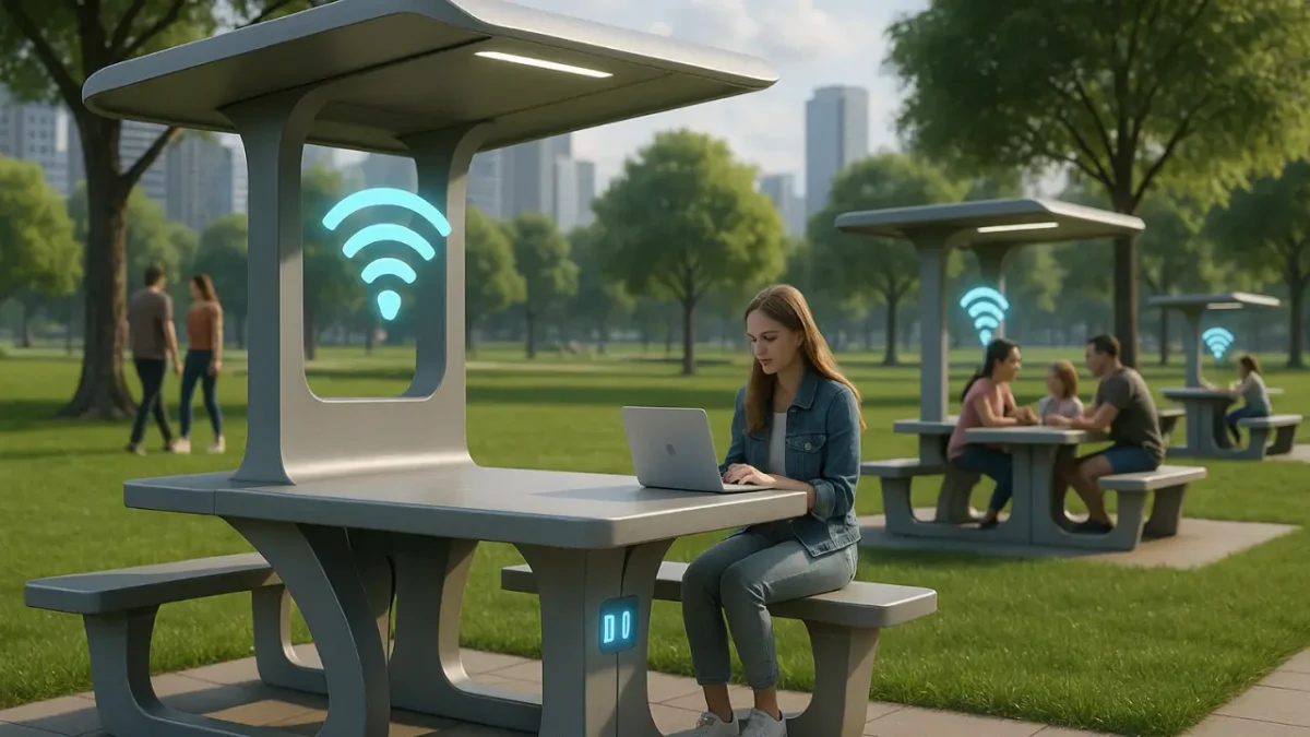 Area Piknik Pintar: Meja Tahan Cuaca dengan Colokan USB dan Wi-Fi Publik