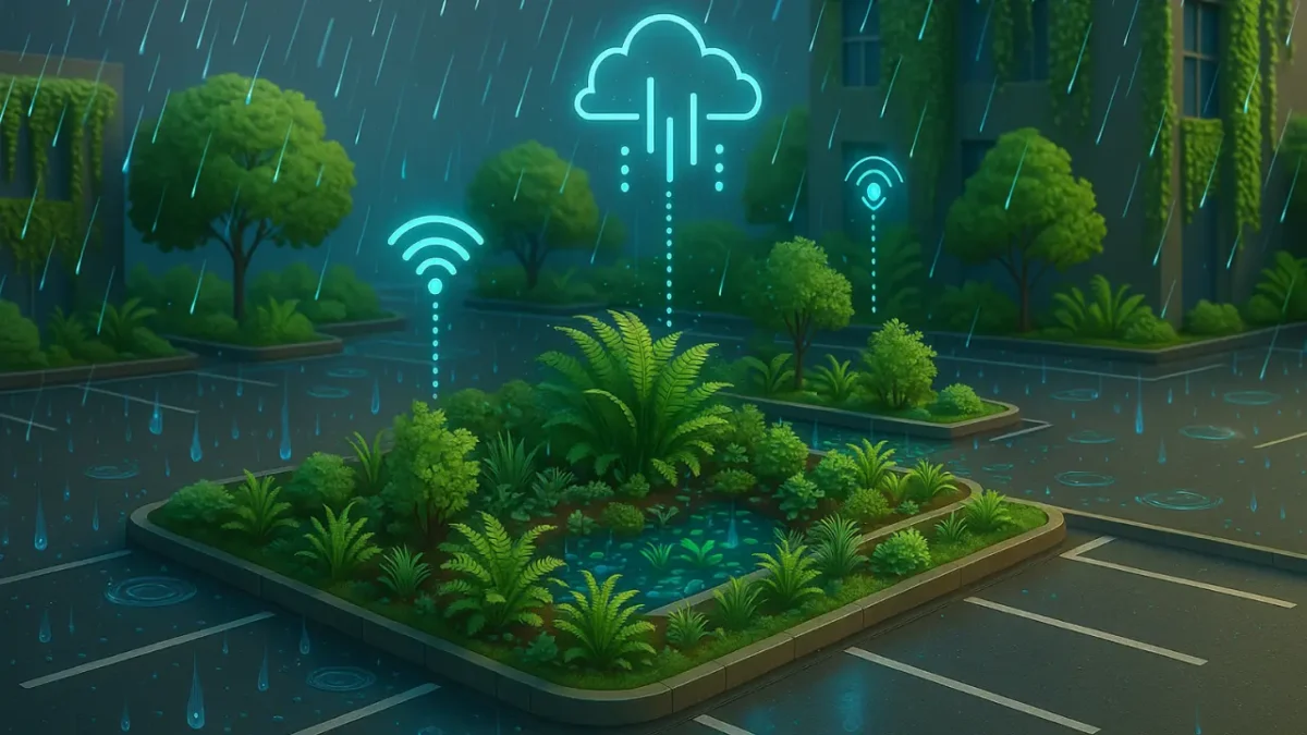 Kebun Hujan di Area Parkir: Serap Limpasan, Kurangi Genang, Pantau Data Online