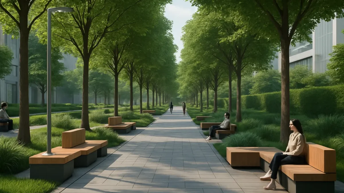 Taman Linear di Koridor Kota: Naungan Pohon, Kursi Modular, dan Zona Tenang
